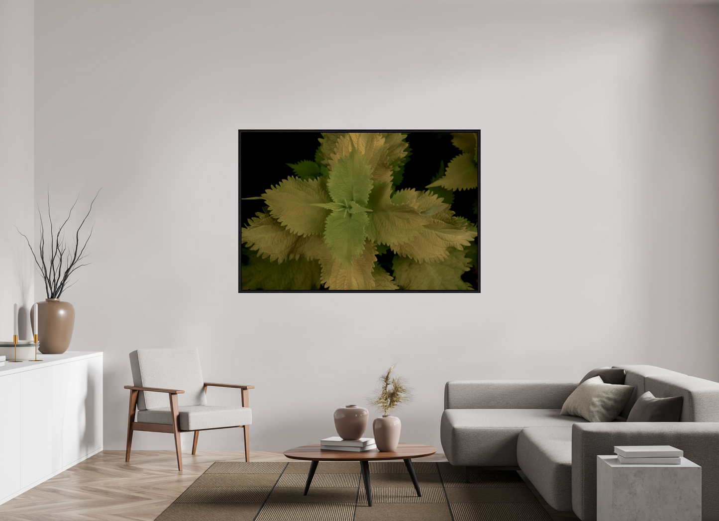 66 x 44″, Floater Frame Painted Nettle on acrylic glass