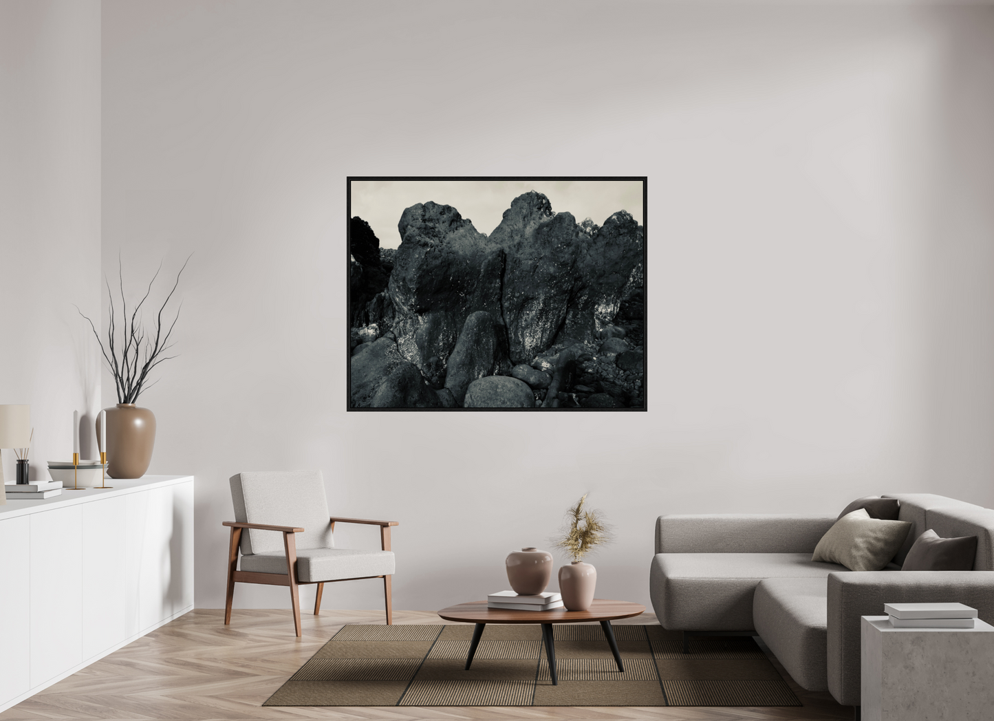 60.6 x 47″, Floater Frame Weathered Lava on acrylic glass