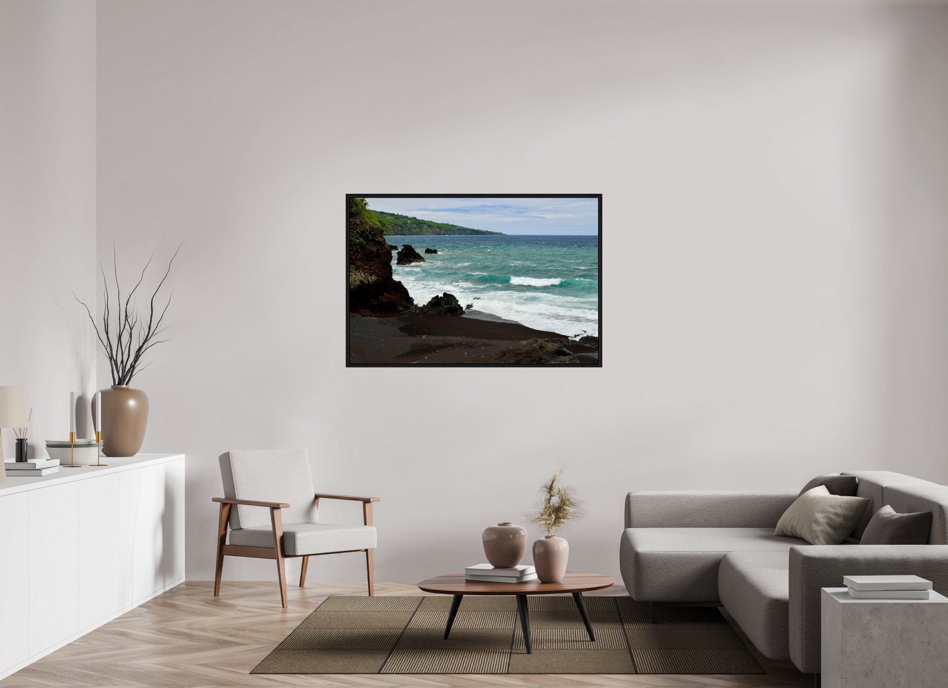 54 x 36″, Floater Frame Black Sand on acrylic glass