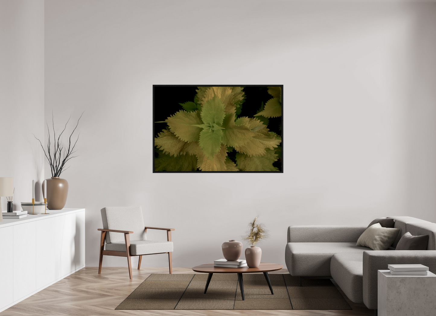 60 x 40″, Floater Frame Painted Nettle on acrylic glass