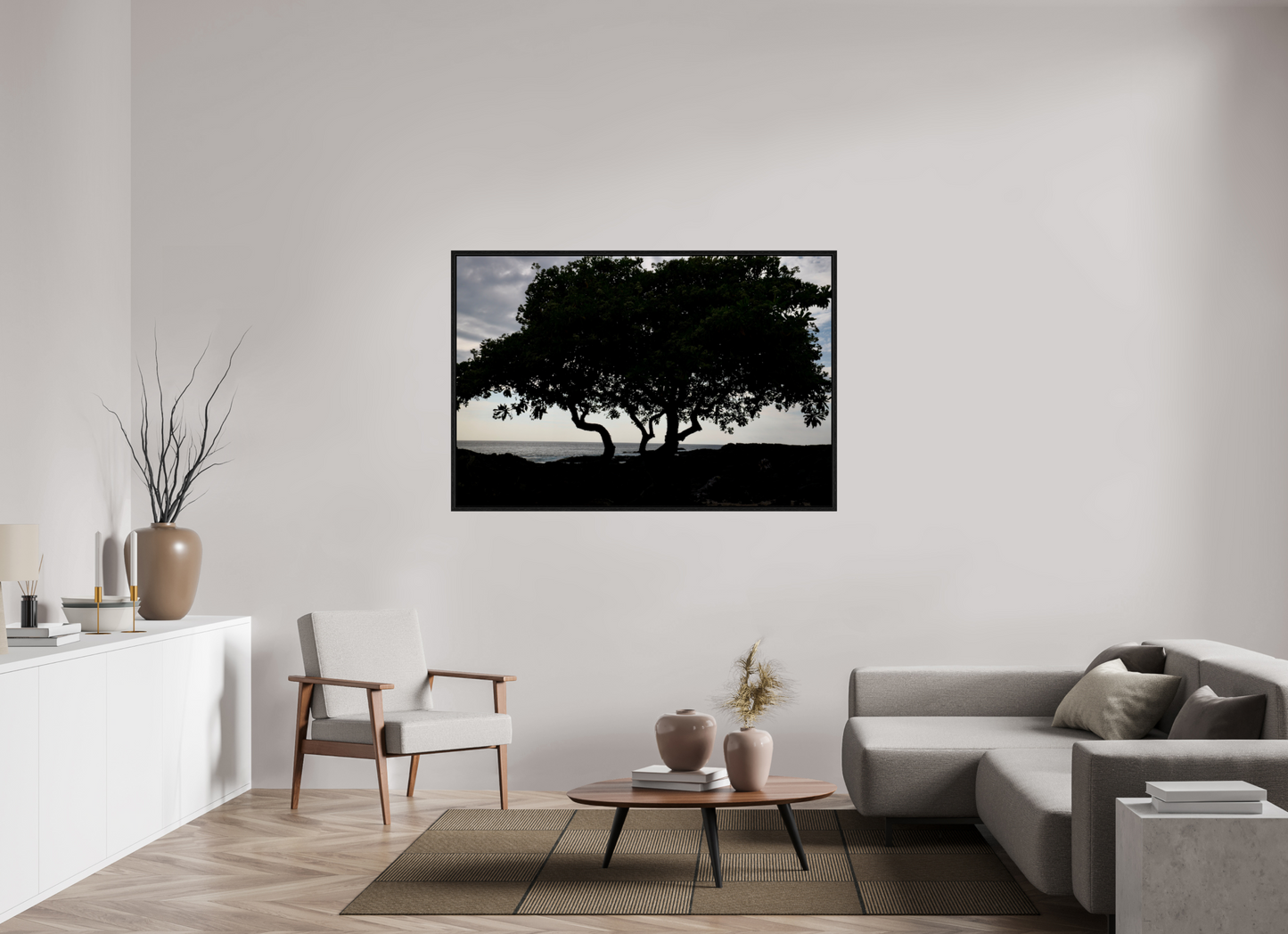 60 x 40″, Floater Frame Trees Walking Near Water on acrylic glass