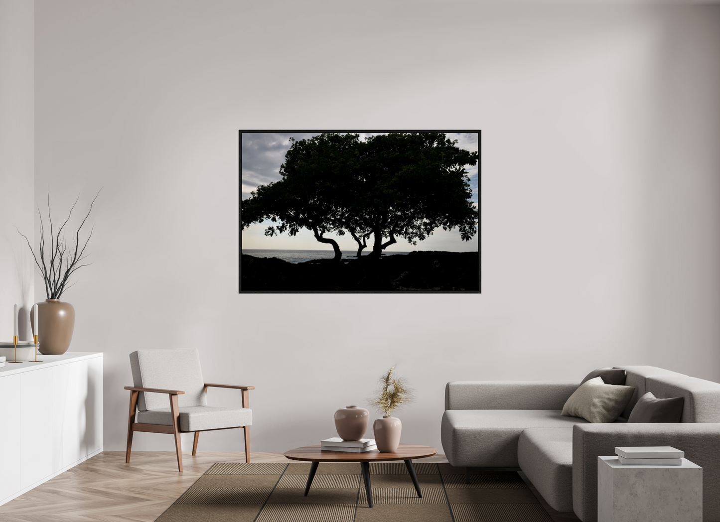 66 x 44″, Floater Frame Trees Walking Near Water on acrylic glass